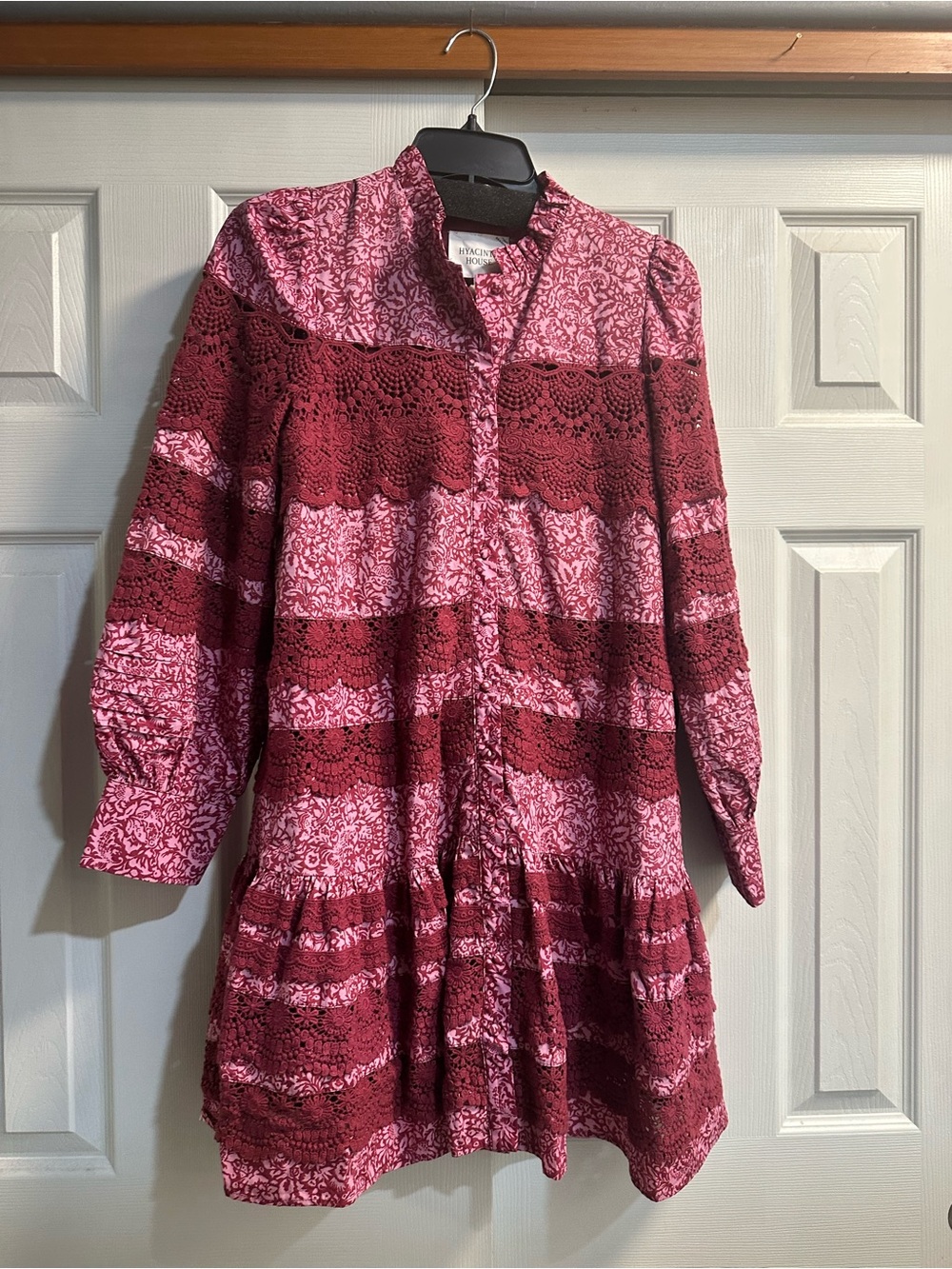 Boho Crochet-Stripe Long Sleeve Dress in Pink & Burgundy